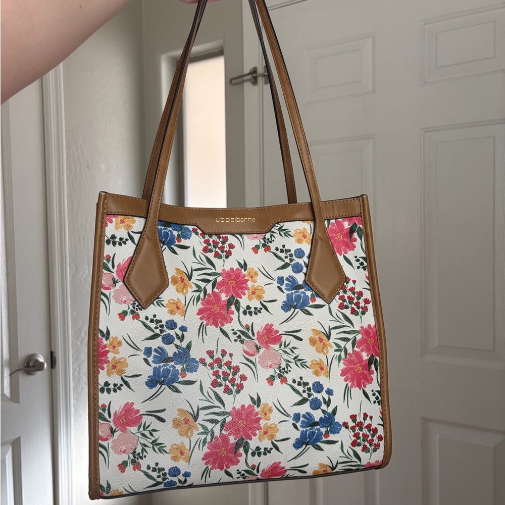 Liz Claiborne White Floral Tote with Tan Trim
